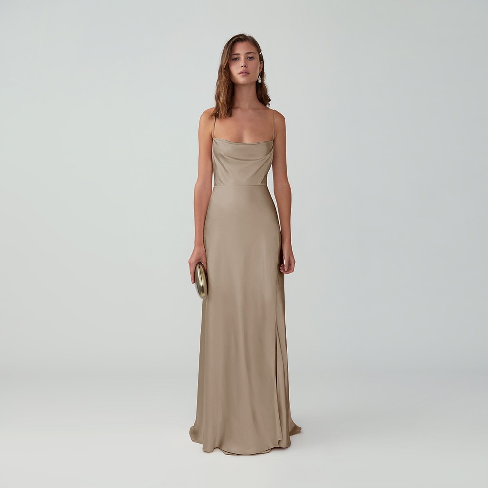 Fame and Partners as Strappy Draped Gown in “Dark Tan” Long Elegant Gown NWT